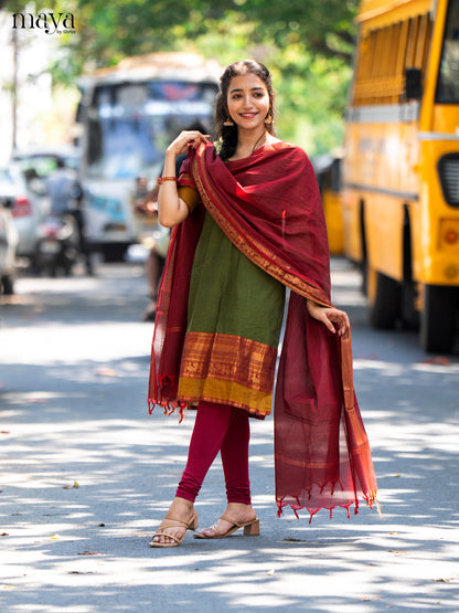 Mehandi Green & Maroon Chettinad  Unstitched Top & Dupatta - MDB20004