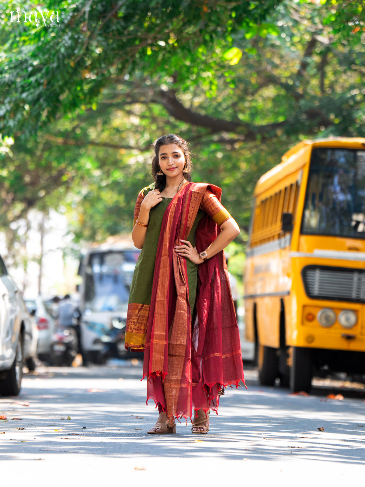 Mehandi Green & Maroon Chettinad  Unstitched Top & Dupatta - MDB20004