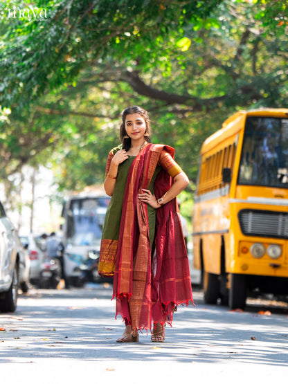 Mehandi Green & Maroon Chettinad  Unstitched Top & Dupatta - MDB20004