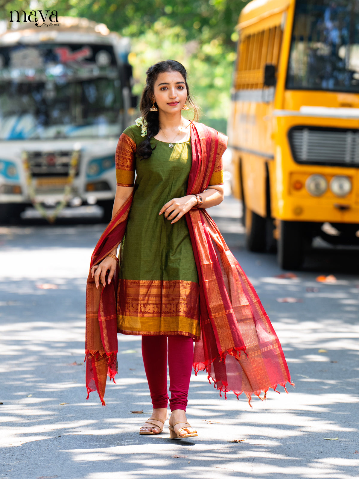 Mehandi Green & Maroon Chettinad  Unstitched Top & Dupatta - MDB20004