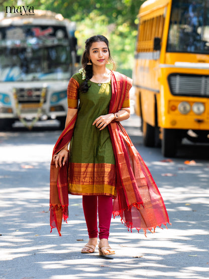 Mehandi Green & Maroon Chettinad  Unstitched Top & Dupatta - MDB20004