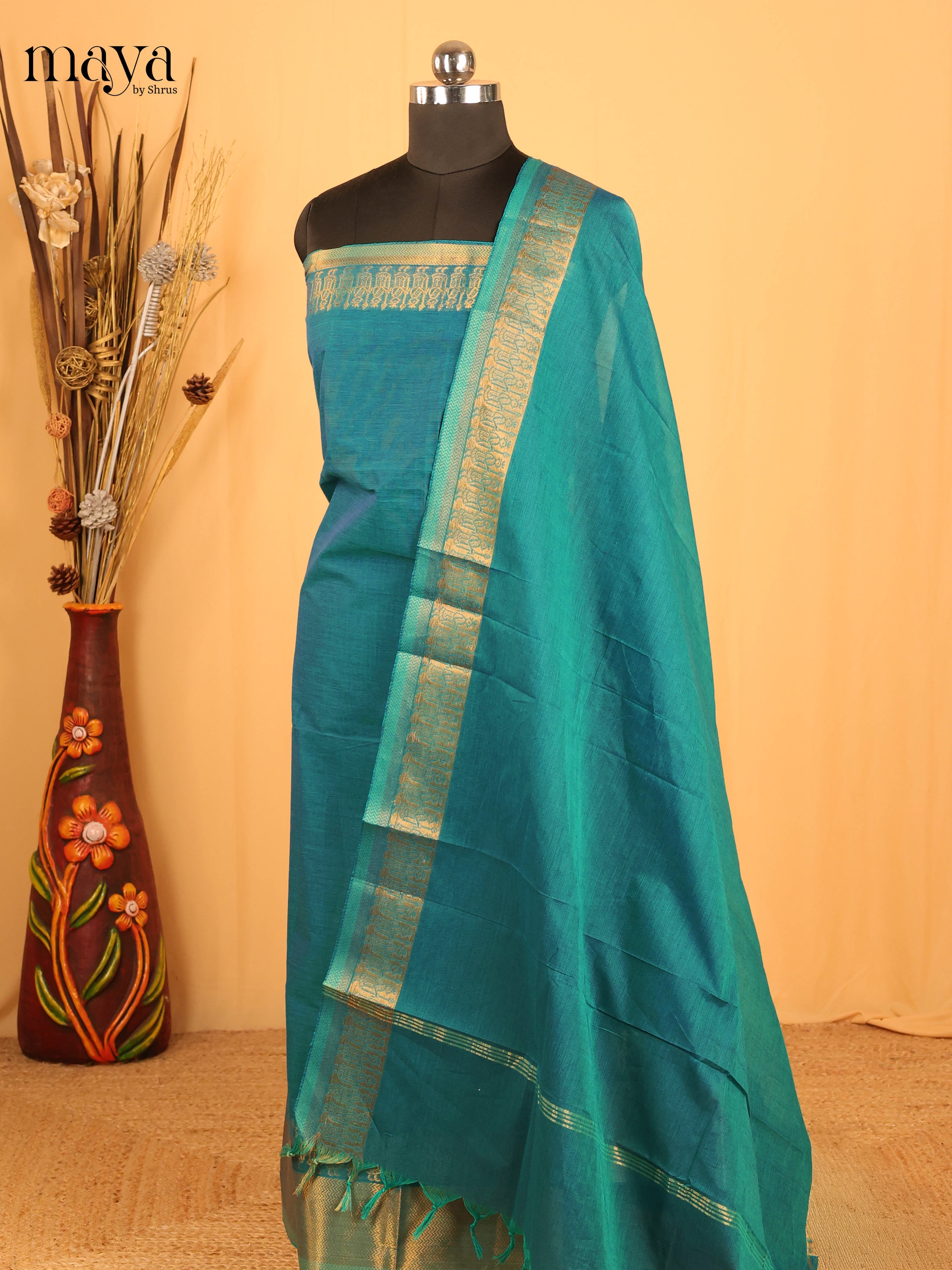 Teal Blue Chettinad Cotton Unstitched Top & Dupatta - MDB20005