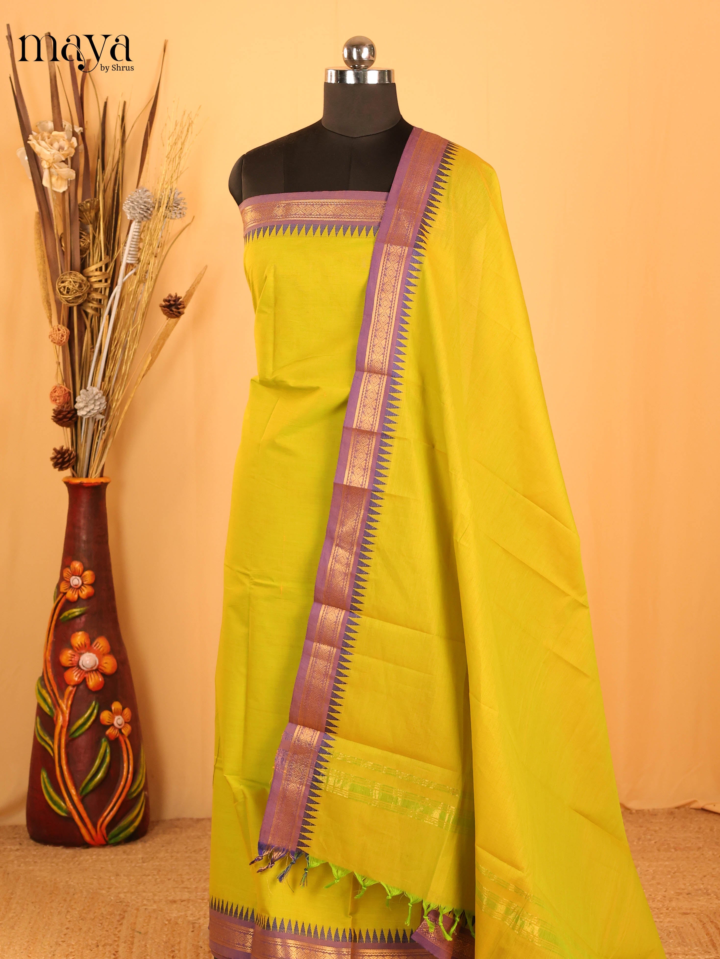 Lime Green & Purple Chettinad Cotton Unstitched Top & Dupatta -MDB20006