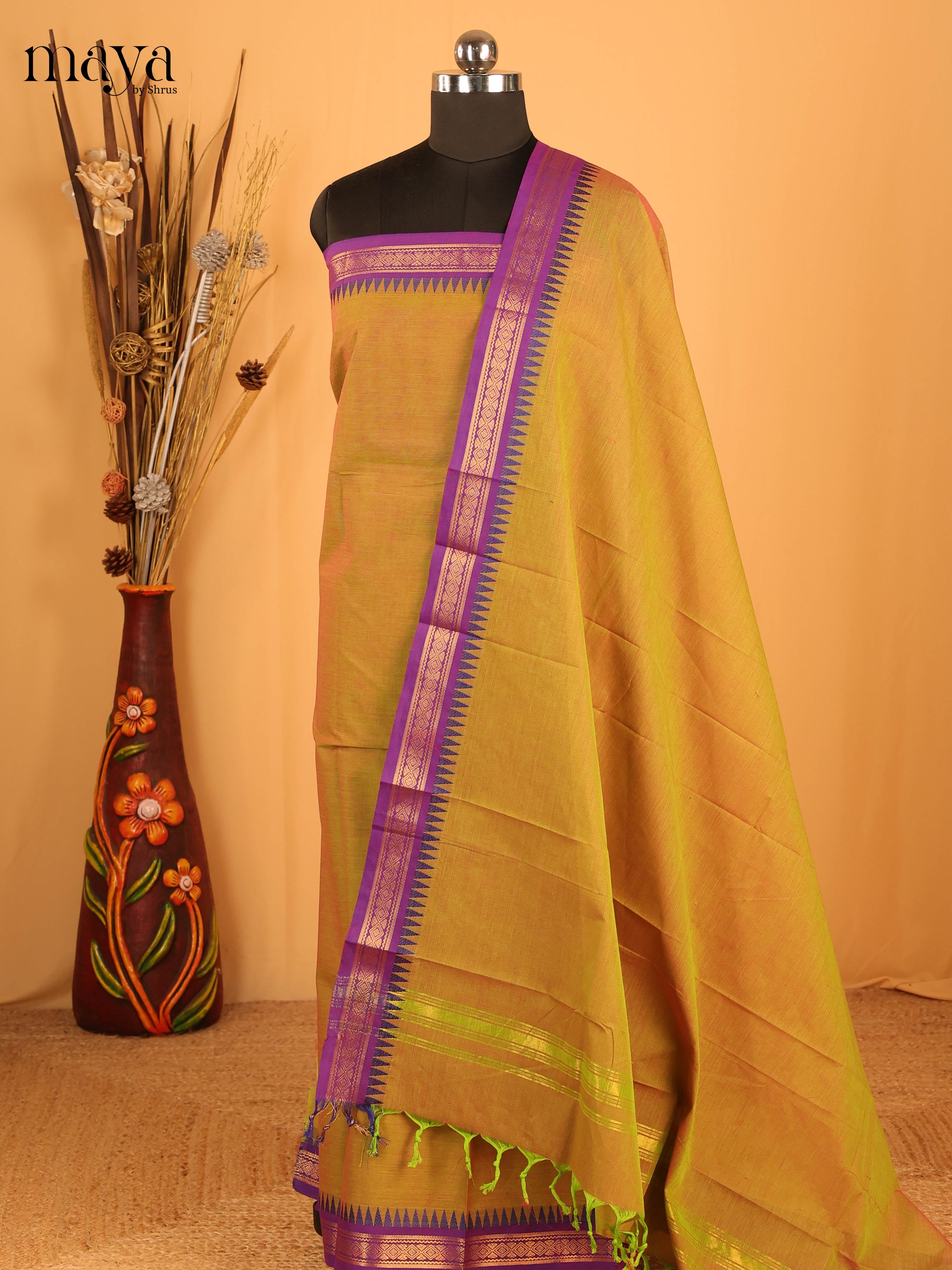 Green & Purple Chettinad Cotton Unstitched Top & Dupatta -MDB20007