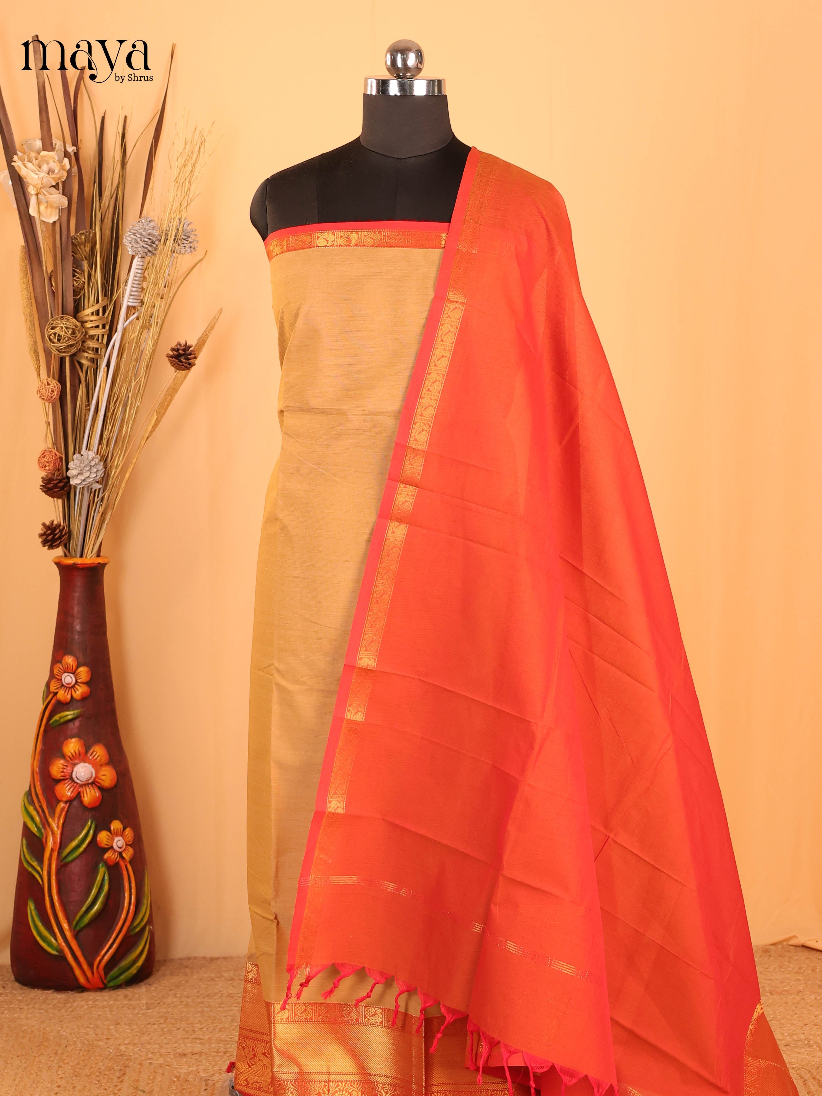 Sandal & Orange Chettinad Cotton Unstitched Top & Dupatta - MDB20008