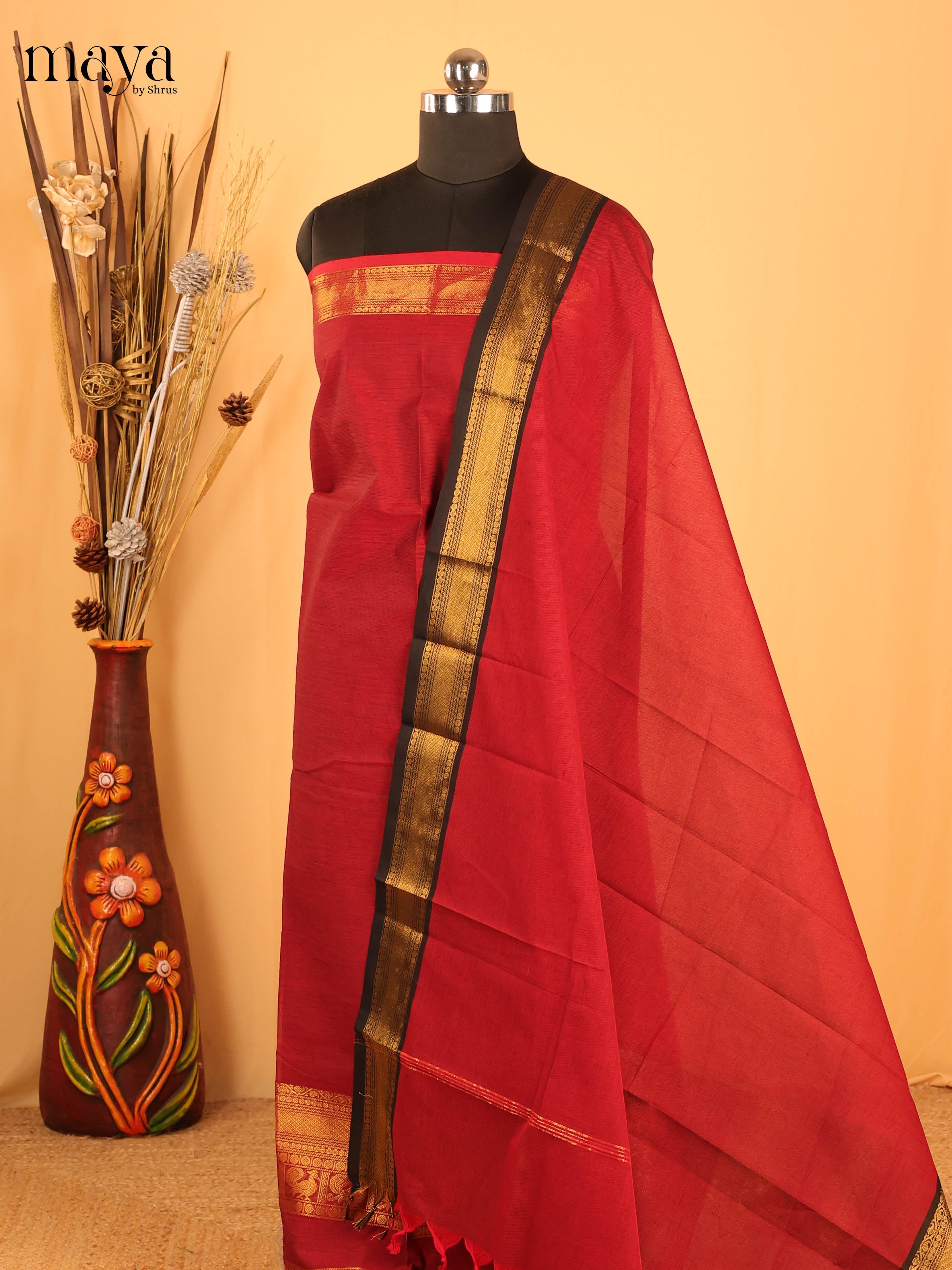 Maroon & Black Chettinad Cotton Unstitched Top & Dupatta - MDB20009