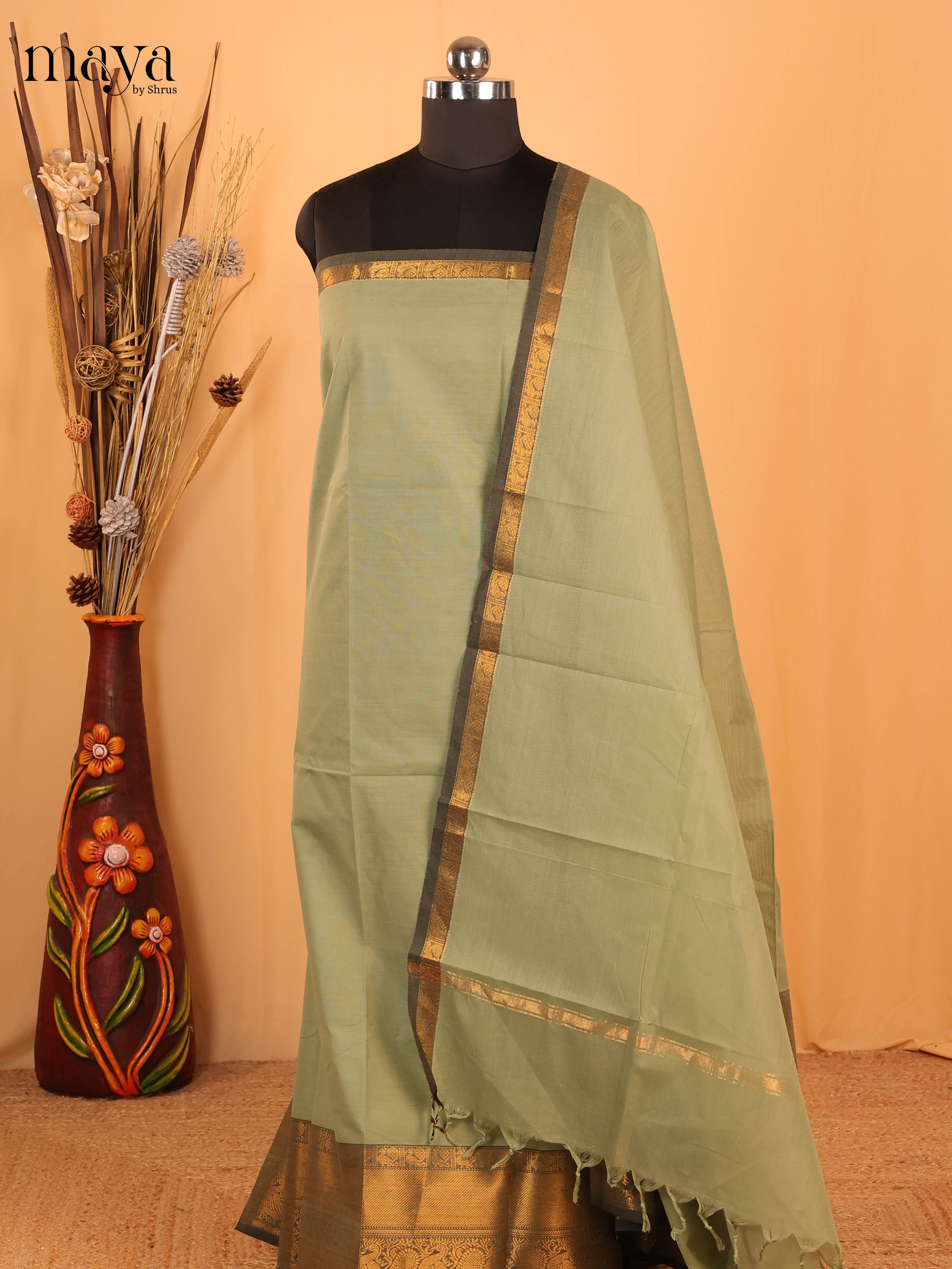 Faded Green & Black Chettinad Cotton Unstitched Top & Dupatta -MDB20010