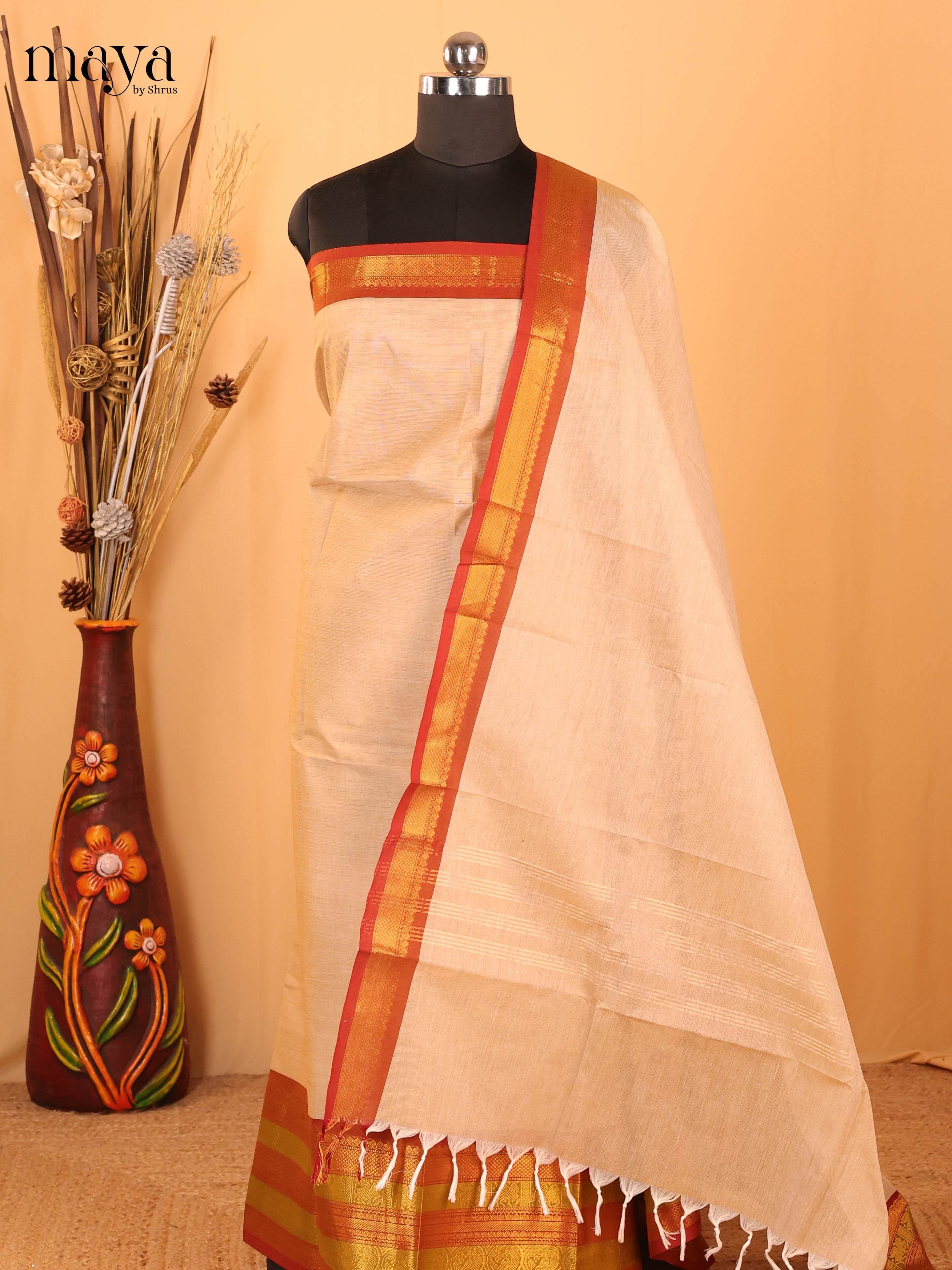 Cream & Browm Chettinad Cotton Unstitched Top & Dupatta - MDB20011