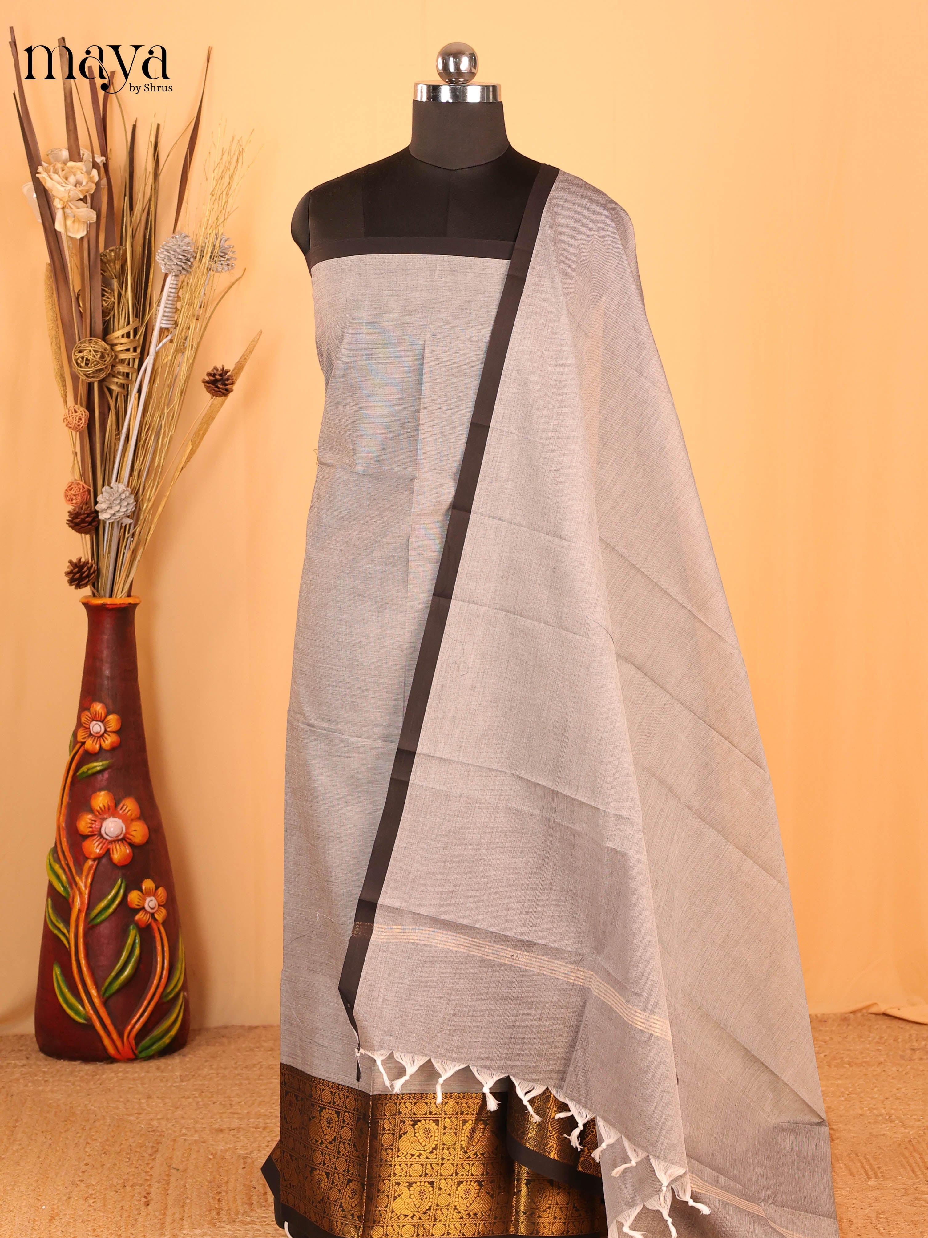 Grey & Black Chettinad Cotton Unstitched Top & Dupatta- MDB20012