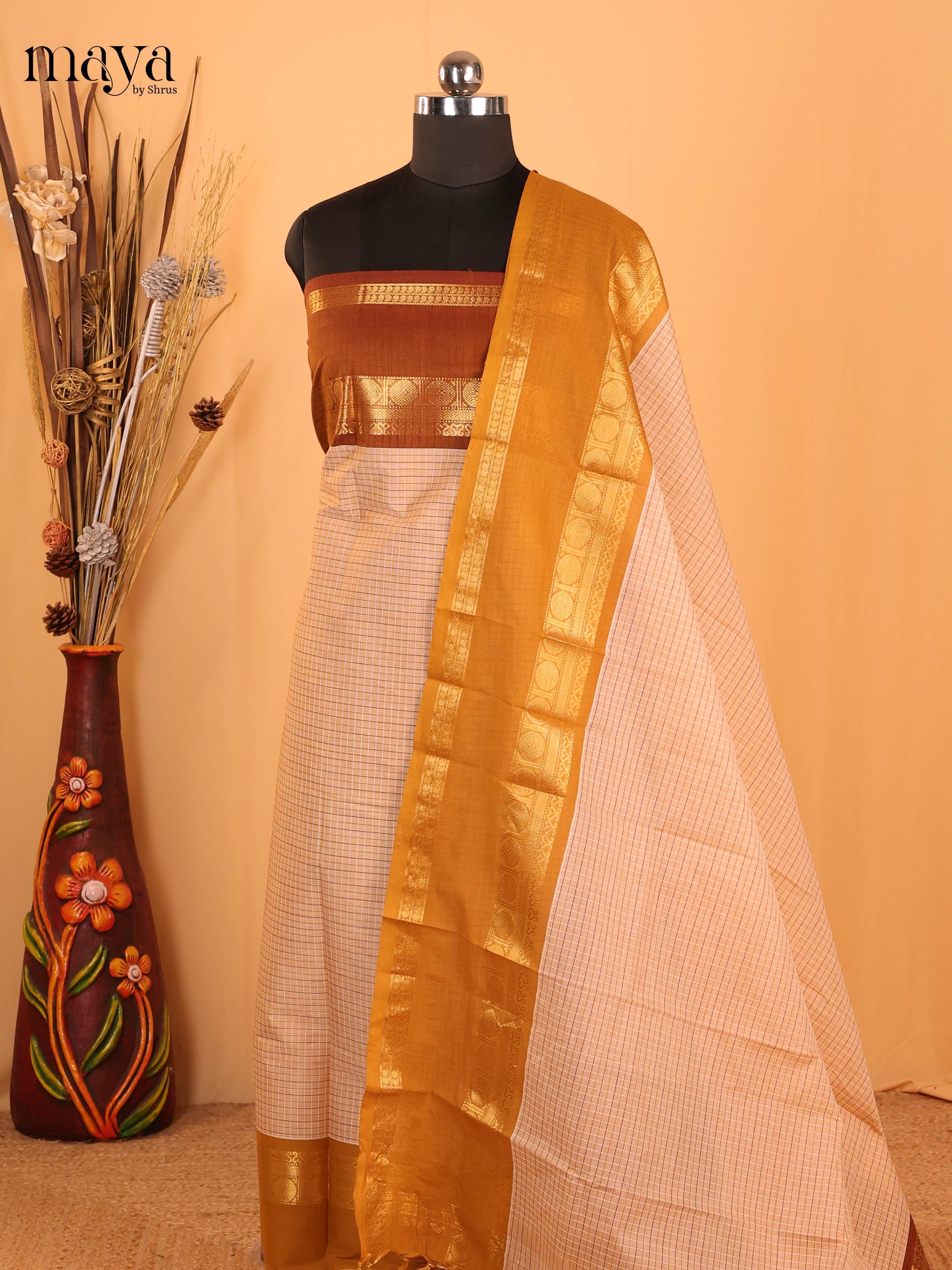 Peach & Mustard Chettinad Cotton Unstitched Top & Dupatta - MDB20013