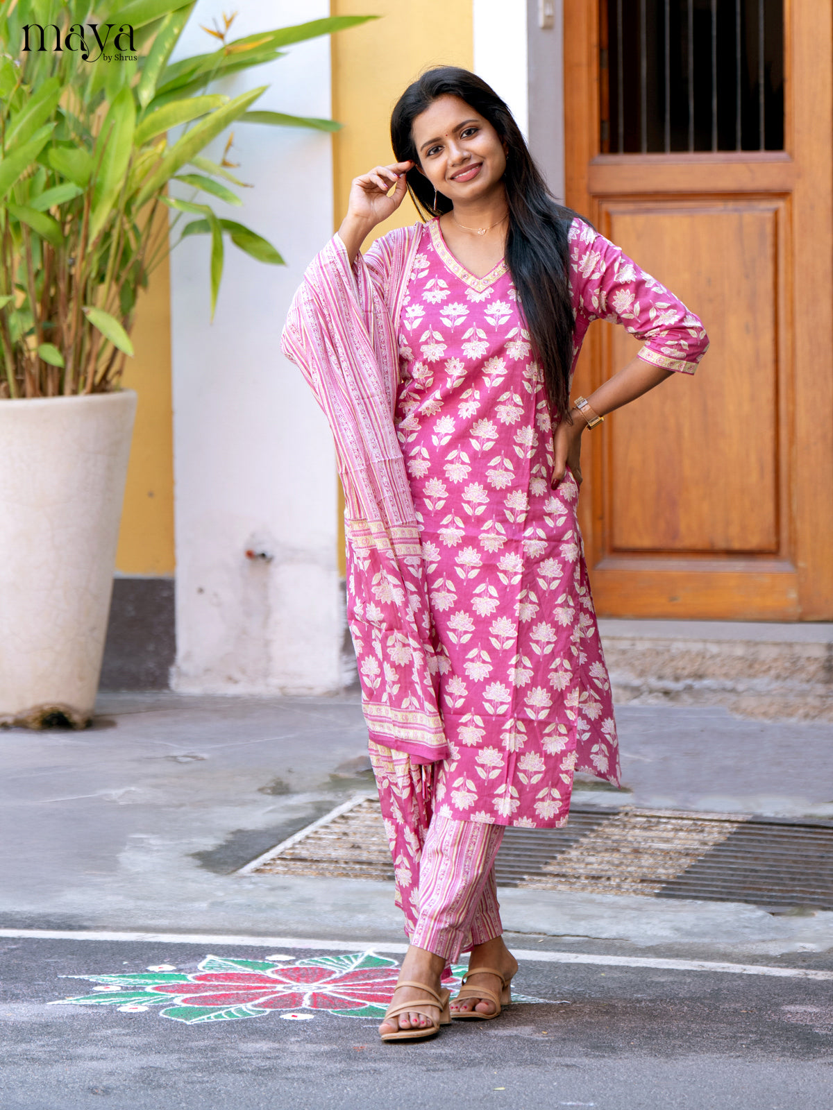 Pink Cotton 3Pc Salwar Suit with Floral Print - Top, Bottom & Dupatta