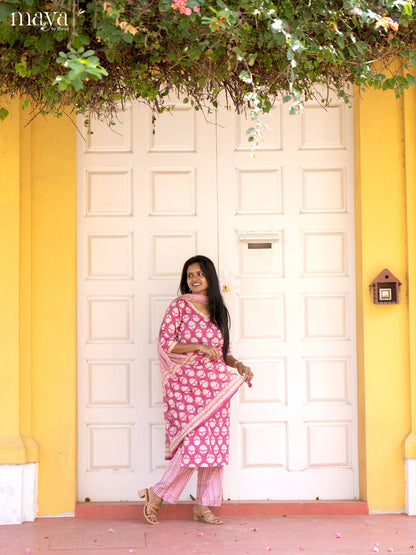 Pink Cotton 3Pc Salwar Suit with Floral Print - Top, Bottom & Dupatta
