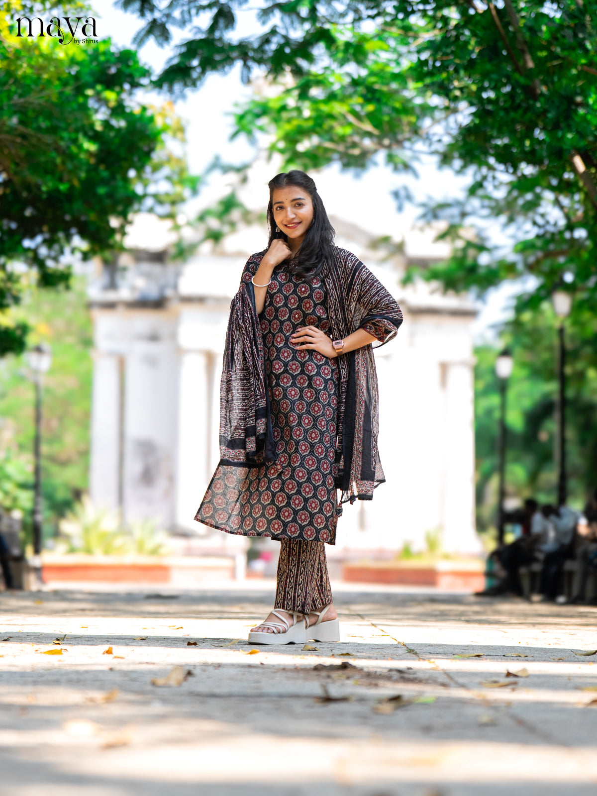 Black Cotton 3Pc Salwar Suit with Ajrakh Print - Top, Bottom & Dupatta