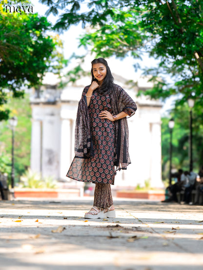 Black Cotton 3Pc Salwar Suit with Ajrakh Print - Top, Bottom & Dupatta