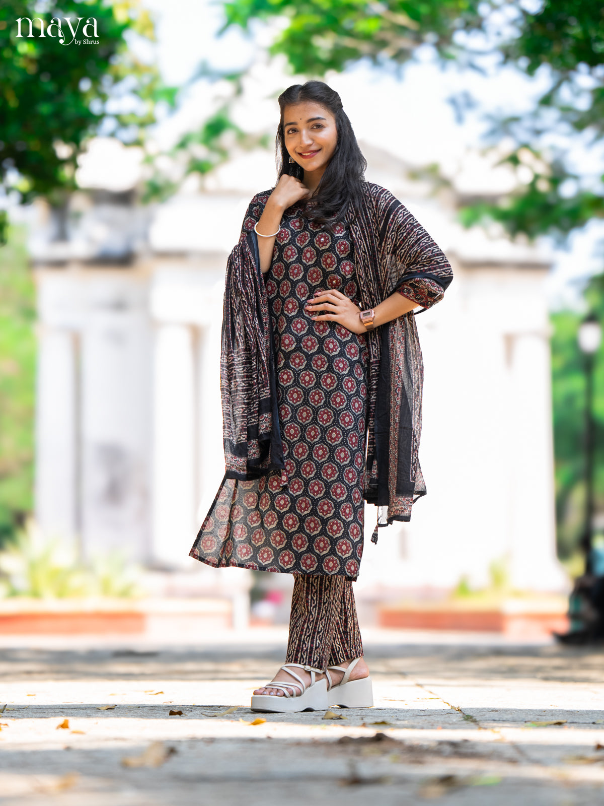 Black Cotton 3Pc Salwar Suit with Ajrakh Print - Top, Bottom & Dupatta