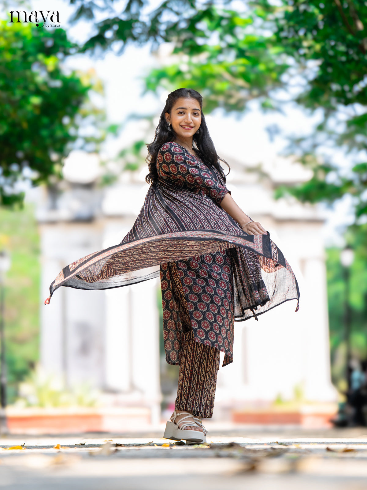 Black Cotton 3Pc Salwar Suit with Ajrakh Print - Top, Bottom & Dupatta