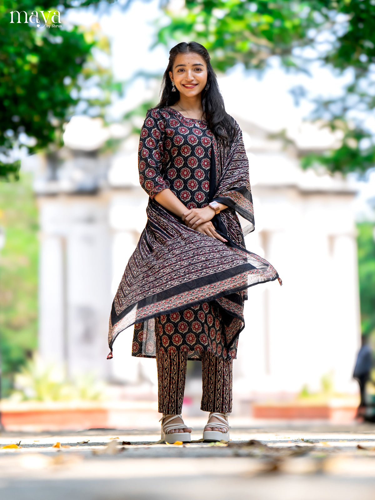 Black Cotton 3Pc Salwar Suit with Ajrakh Print - Top, Bottom & Dupatta