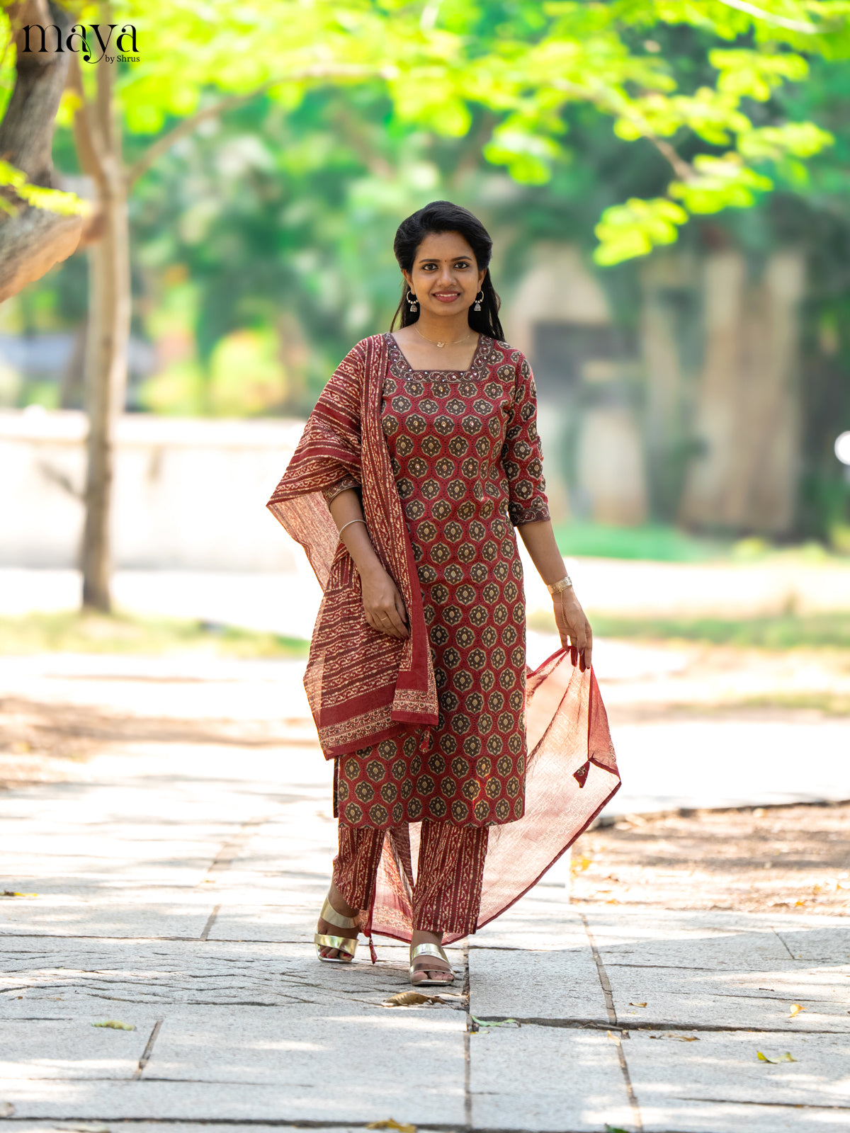 Brown Cotton 3Pc Salwar Suit with Ajrakh Print - Top, Bottom & Dupatta