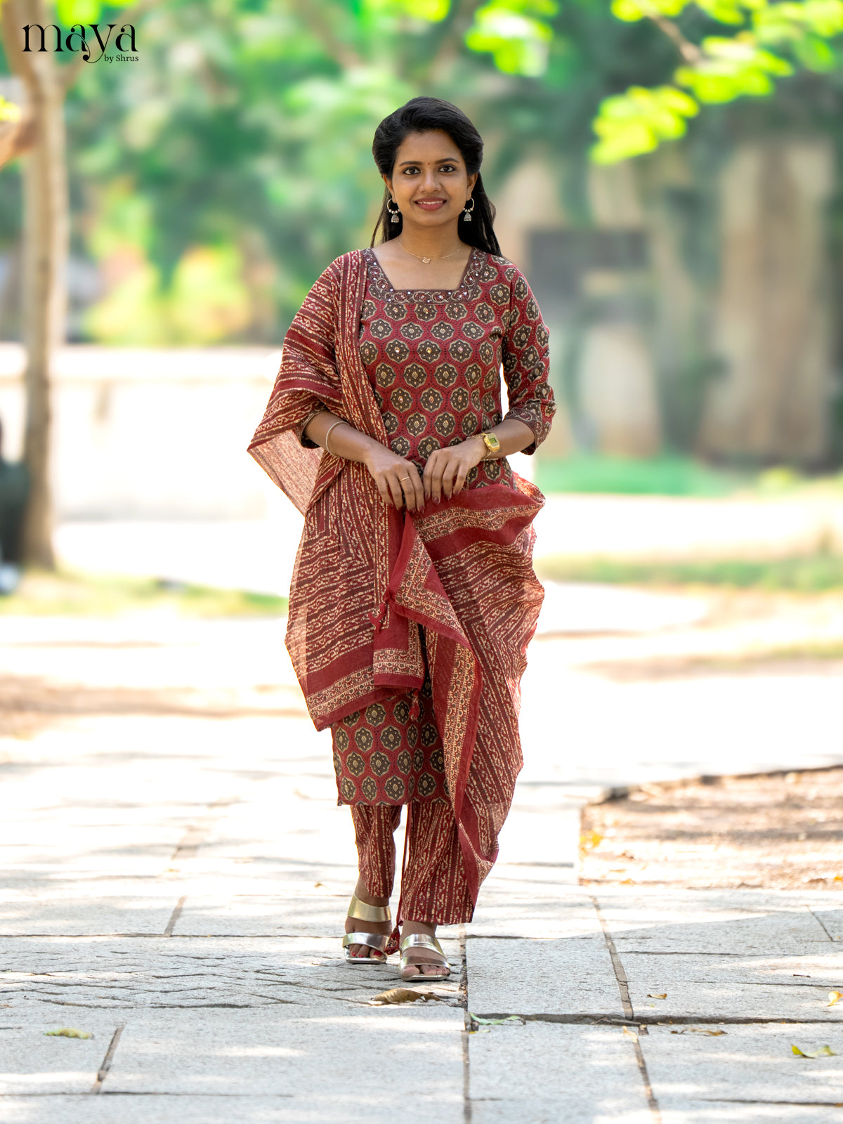 Brown Cotton 3Pc Salwar Suit with Ajrakh Print - Top, Bottom & Dupatta