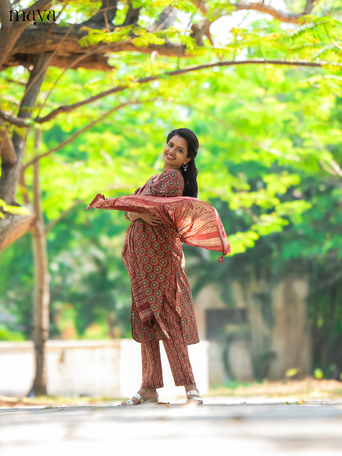 Brown Cotton 3Pc Salwar Suit with Ajrakh Print - Top, Bottom & Dupatta