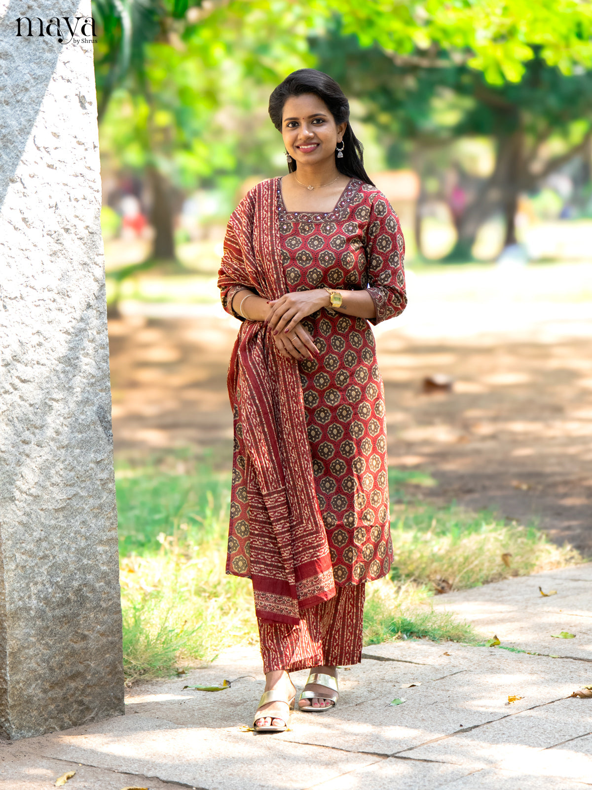 Brown Cotton 3Pc Salwar Suit with Ajrakh Print - Top, Bottom & Dupatta