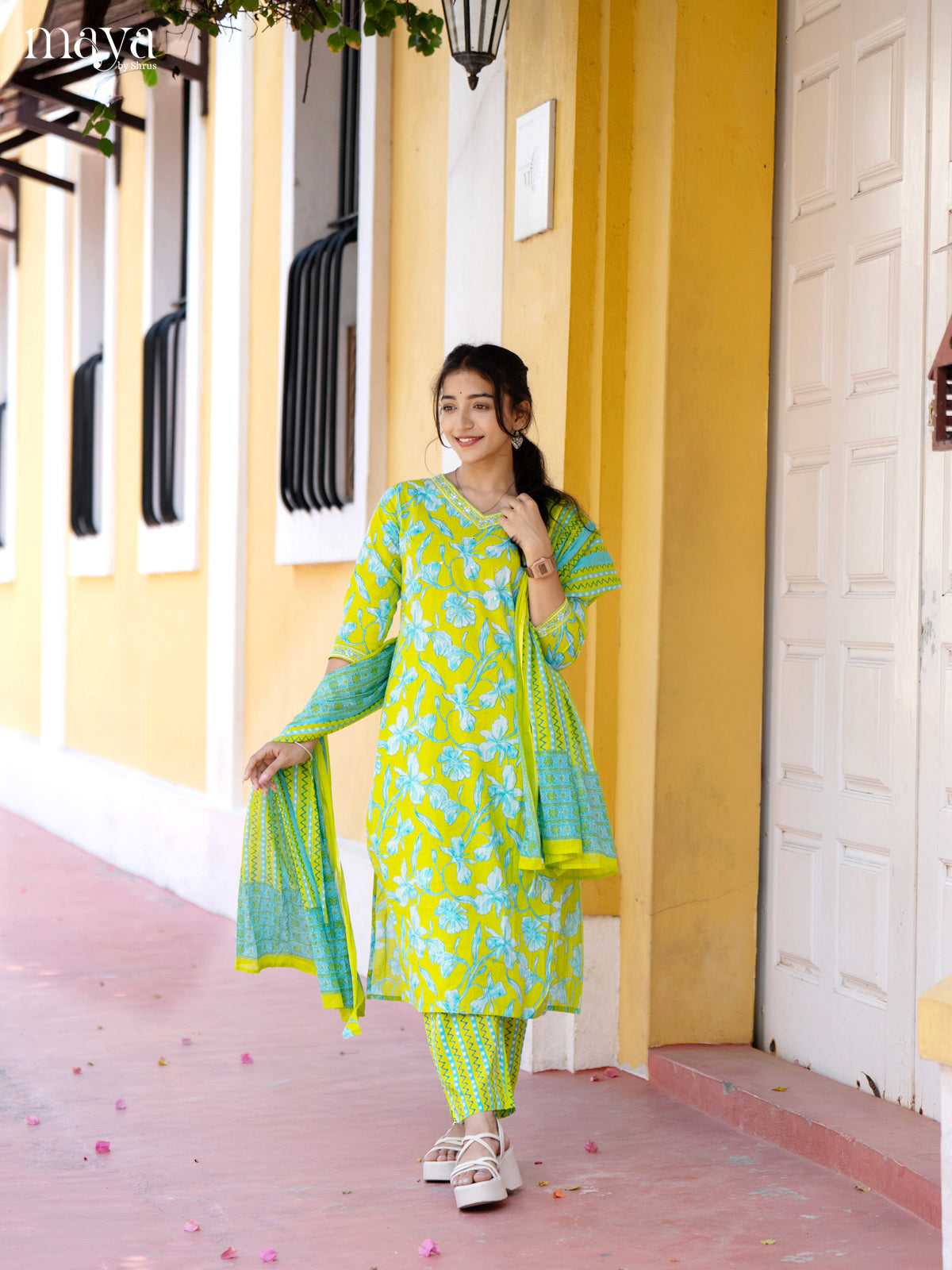 Neon Green Cotton 3Pc Salwar Suit with Floral Print - Top, Bottom & Dupatta