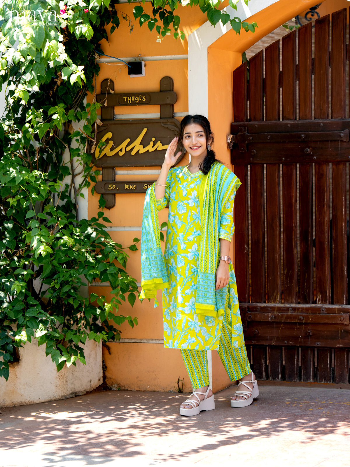Neon Green Cotton 3Pc Salwar Suit with Floral Print - Top, Bottom & Dupatta