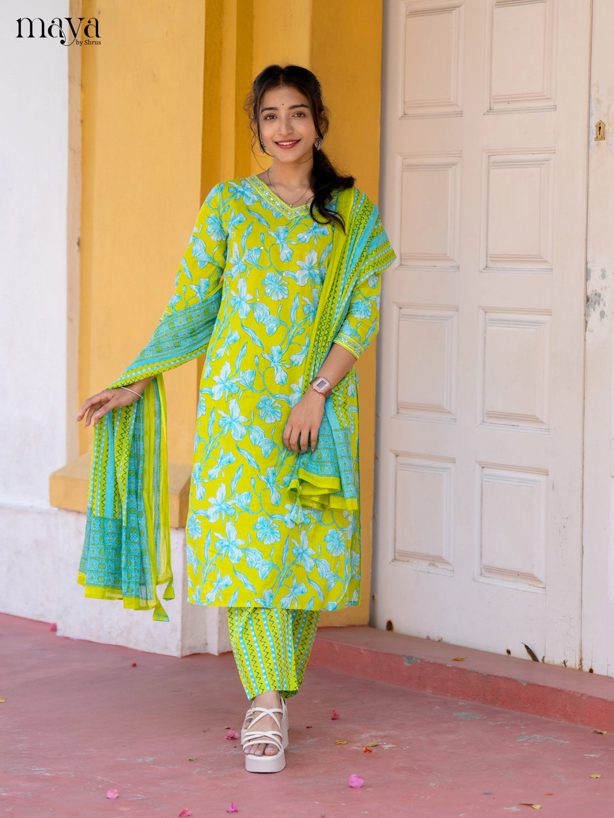 Neon Green Cotton 3Pc Salwar Suit with Floral Print - Top, Bottom & Dupatta