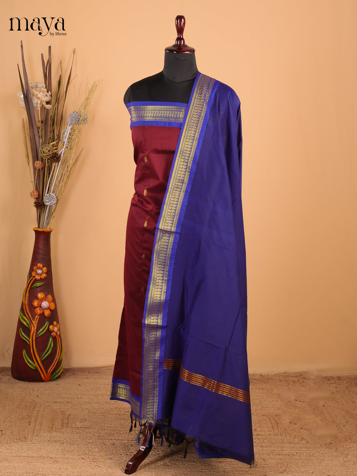 Maroon & Royal Blue - Kalyani Cotton unstitched Top & Dupatta - MDB20030