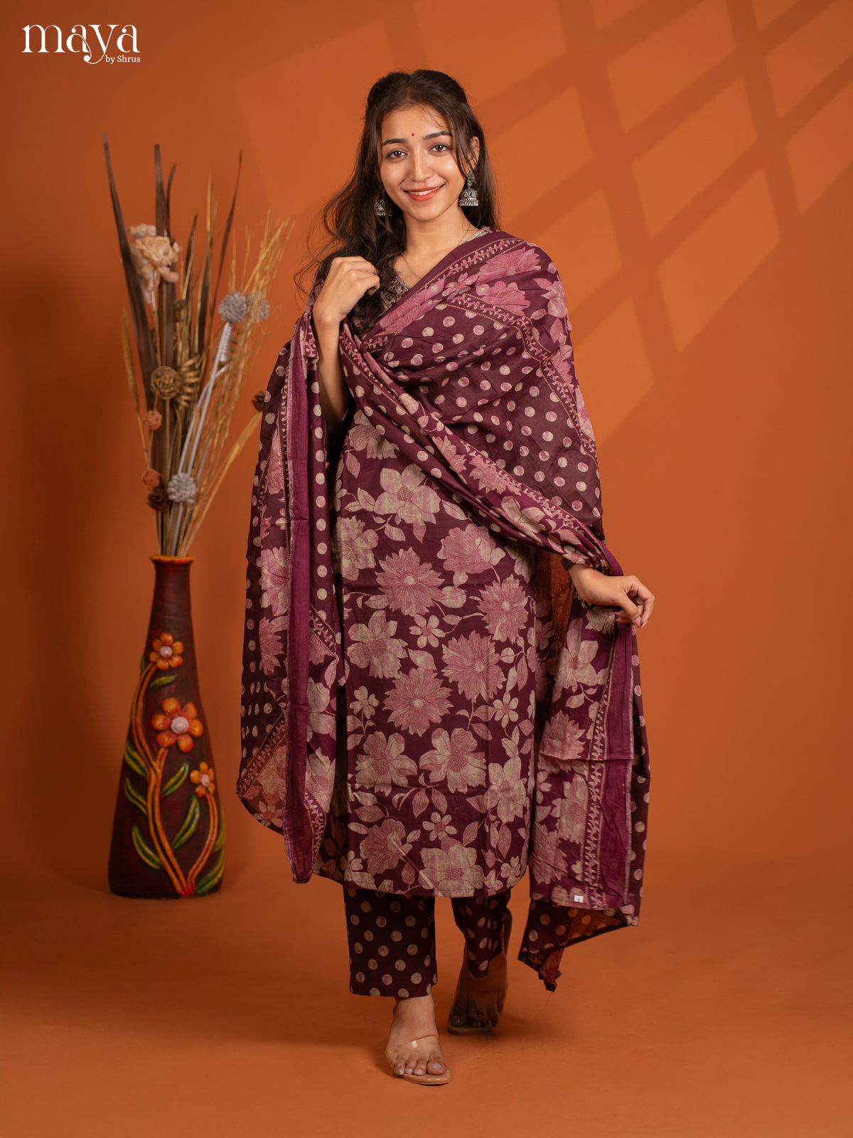 Wine Cotton 3PC salwar Suit with Floral Print - Top, Bottom & Dupatta