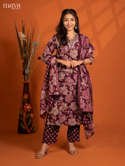 Wine Cotton 3PC salwar Suit with Floral Print - Top, Bottom & Dupatta