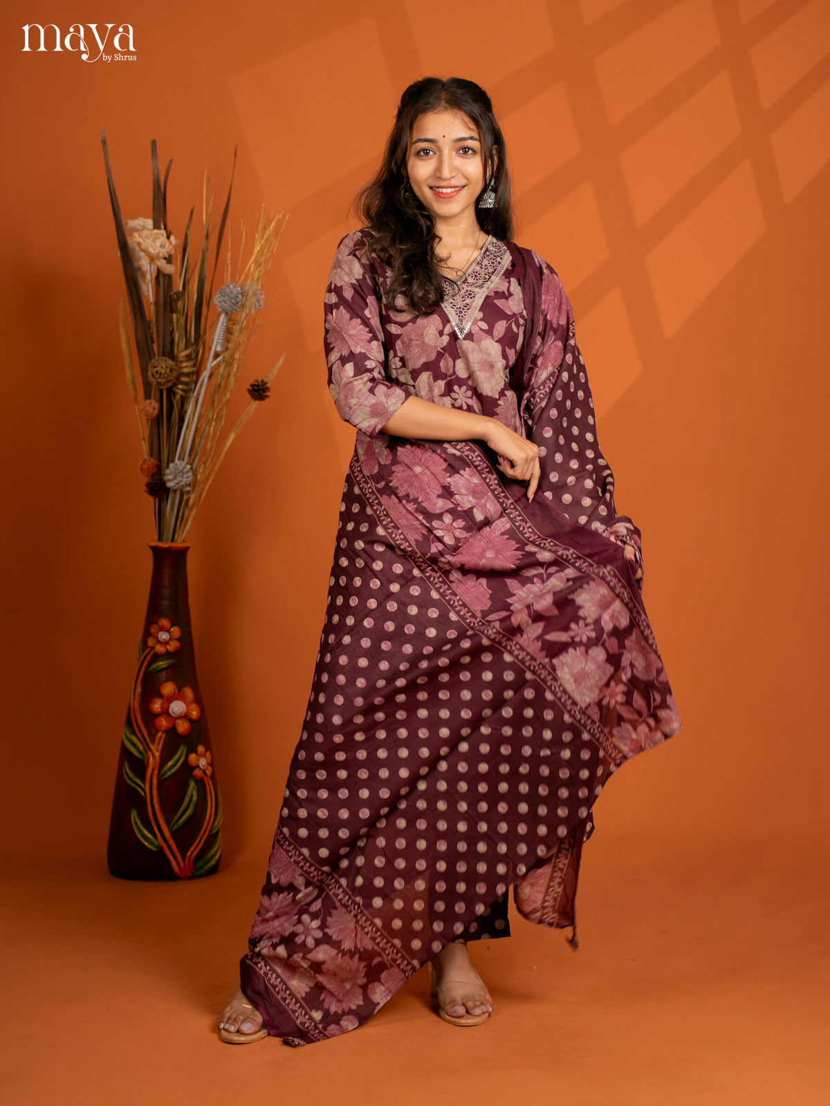 Wine Cotton 3PC salwar Suit with Floral Print - Top, Bottom & Dupatta