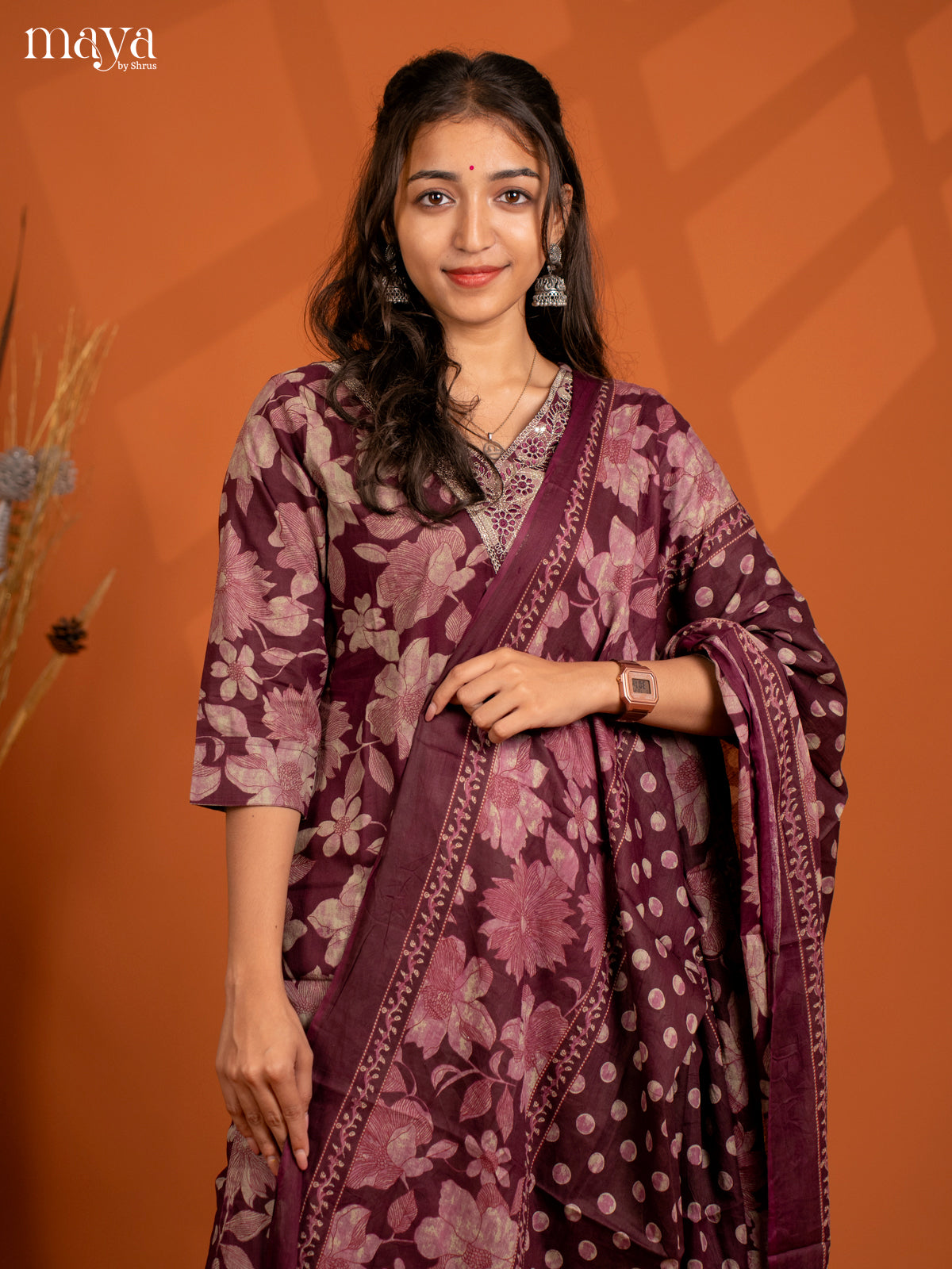 Wine Cotton 3PC salwar Suit with Floral Print - Top, Bottom & Dupatta