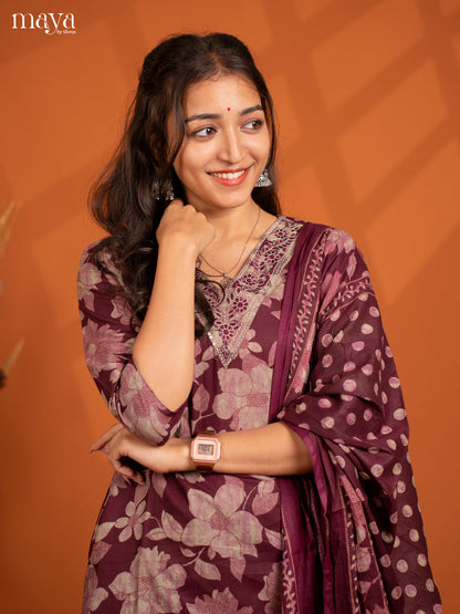 Wine Cotton 3PC salwar Suit with Floral Print - Top, Bottom & Dupatta