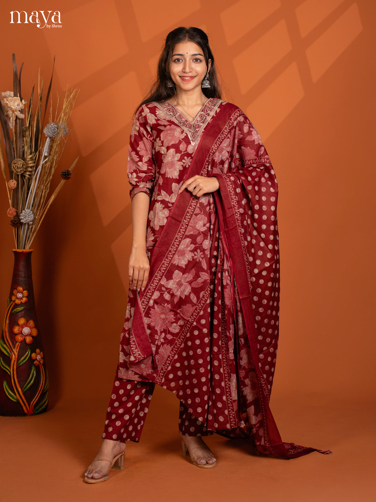 Brown Cotton 3PC Salwar Suit with Floral Print - Top, Bottom & Dupatta