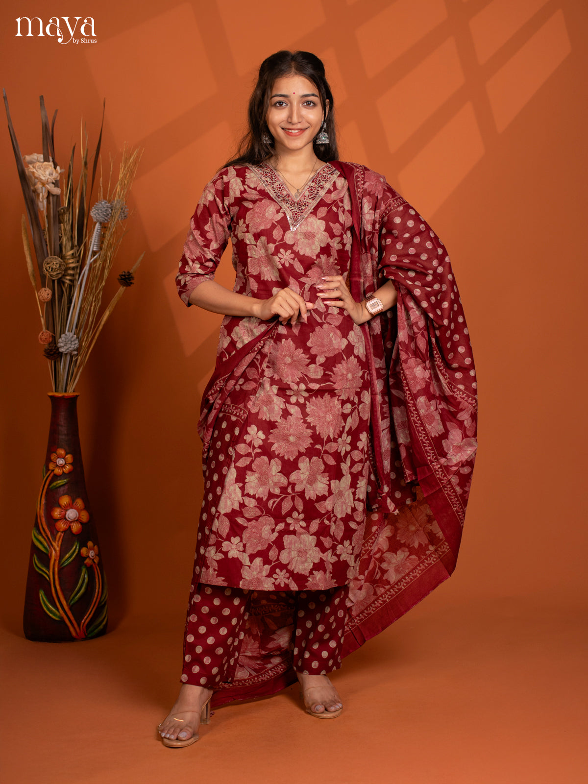 Brown Cotton 3PC Salwar Suit with Floral Print - Top, Bottom & Dupatta