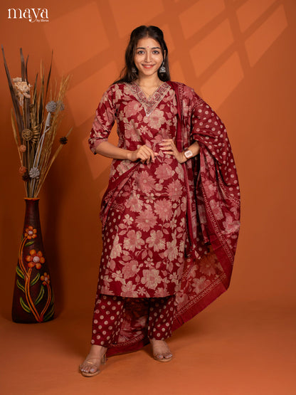Brown Cotton 3PC Salwar Suit with Floral Print - Top, Bottom & Dupatta
