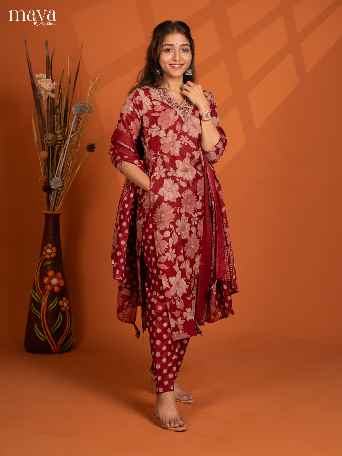 Brown Cotton 3PC Salwar Suit with Floral Print - Top, Bottom & Dupatta