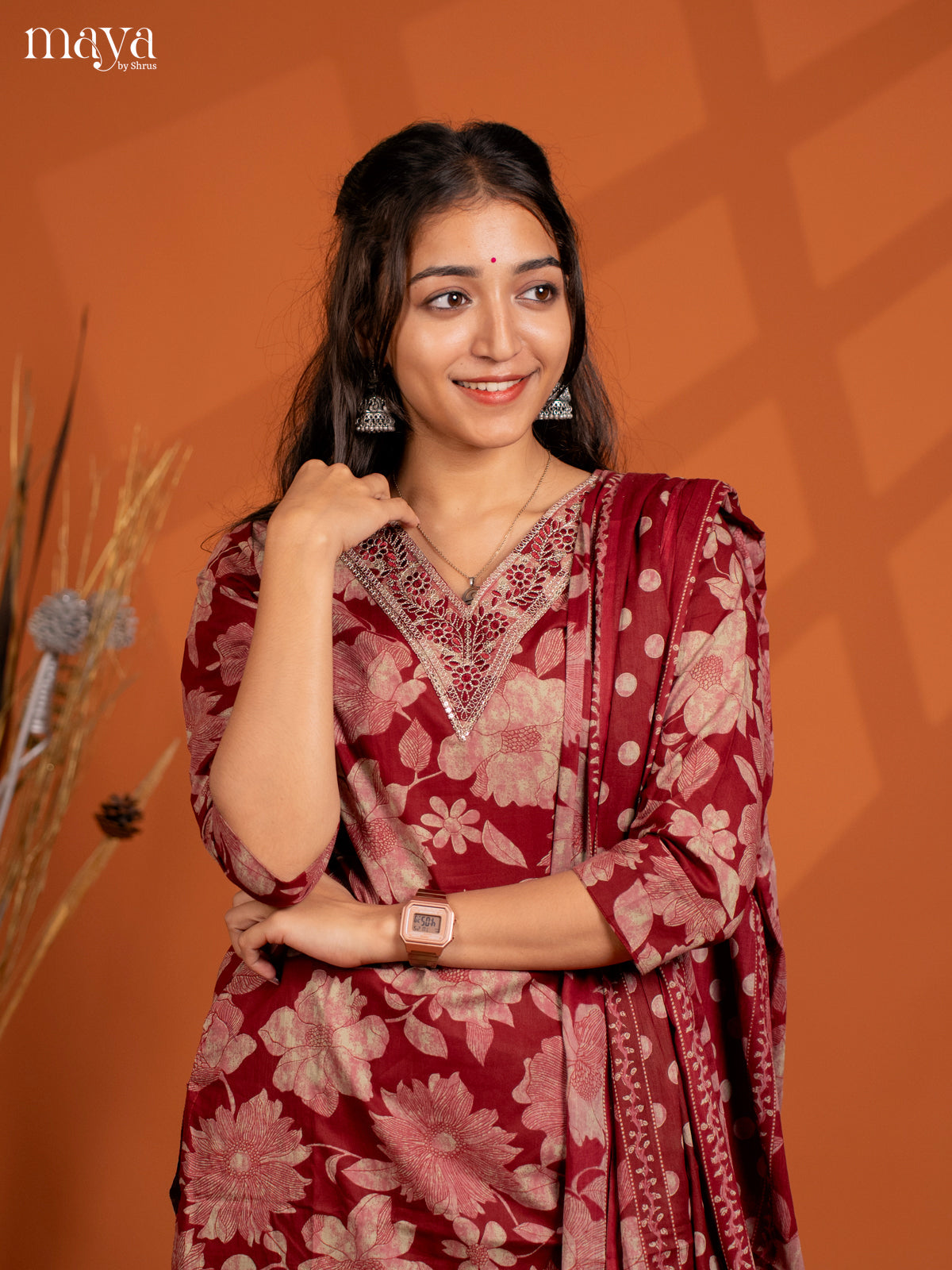 Brown Cotton 3PC Salwar Suit with Floral Print - Top, Bottom & Dupatta
