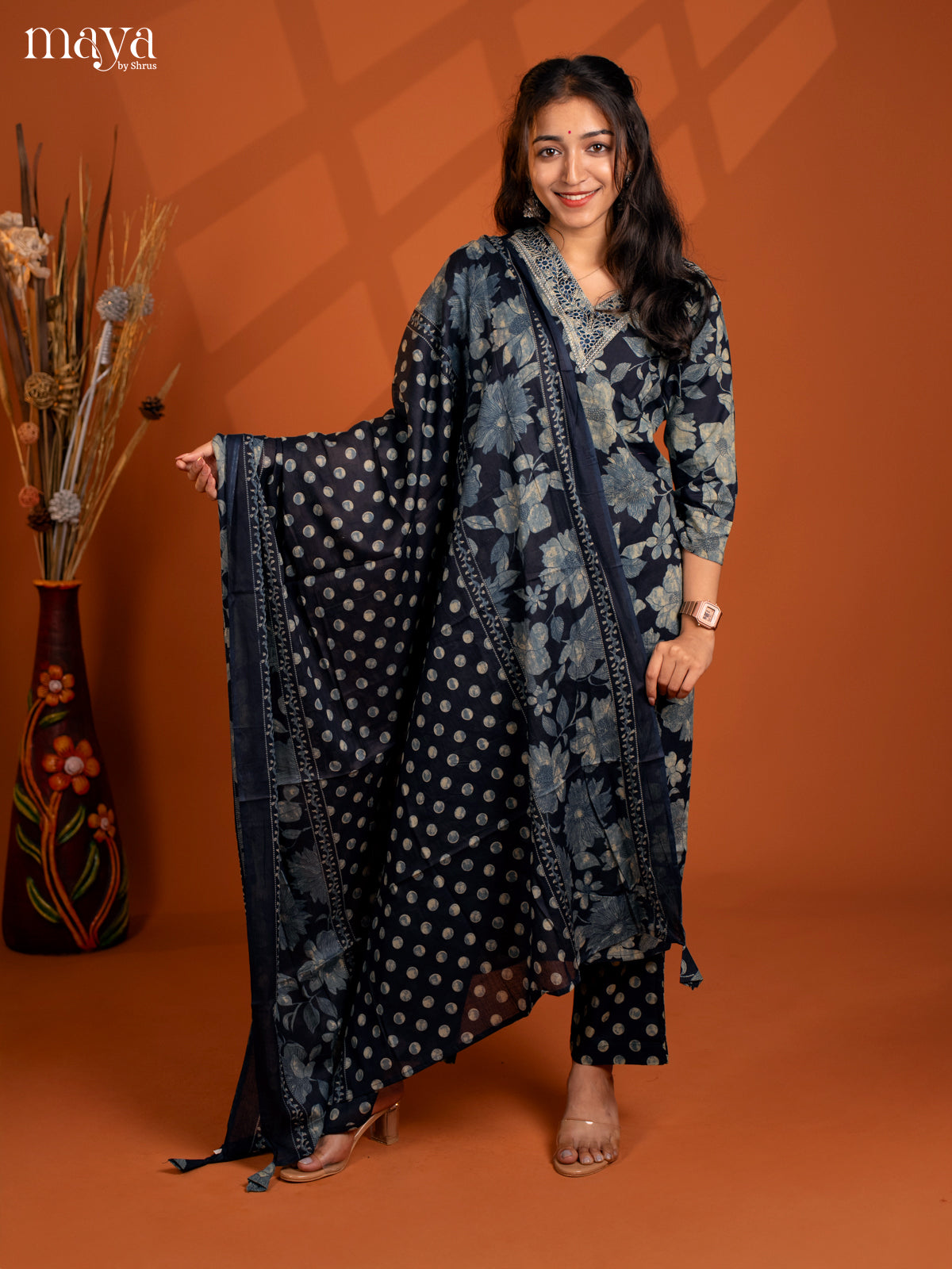 Navy Blue Cotton 3Pc Salwar Suit with Floral Print - Top, Bottom & Dupatta