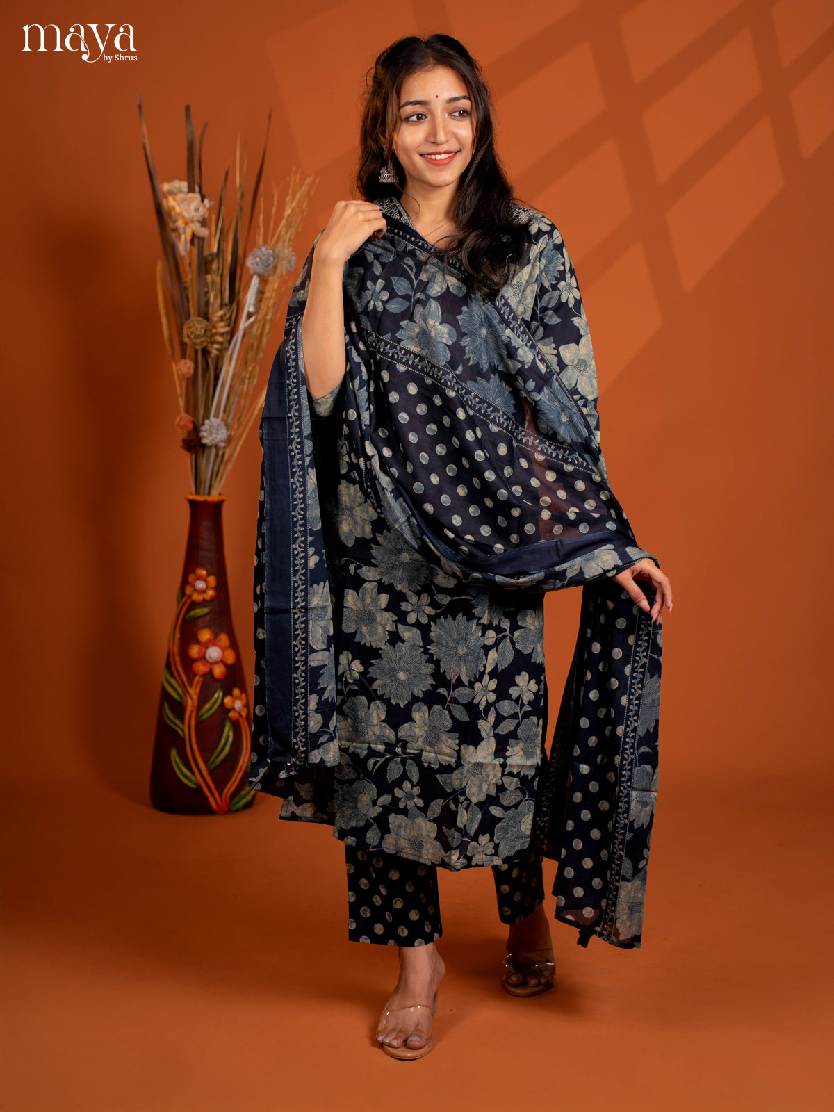 Navy Blue Cotton 3Pc Salwar Suit with Floral Print - Top, Bottom & Dupatta