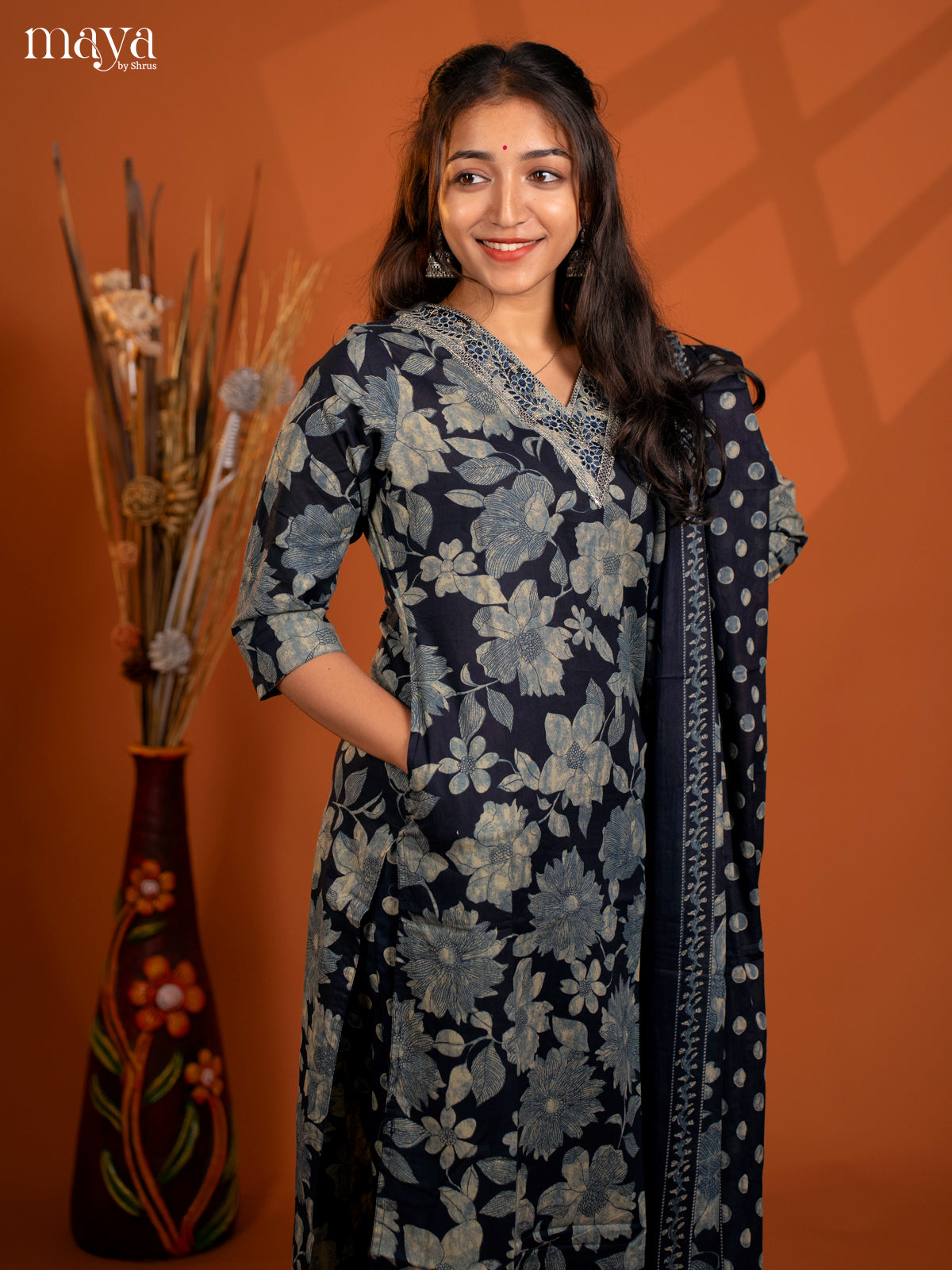 Navy Blue Cotton 3Pc Salwar Suit with Floral Print - Top, Bottom & Dupatta