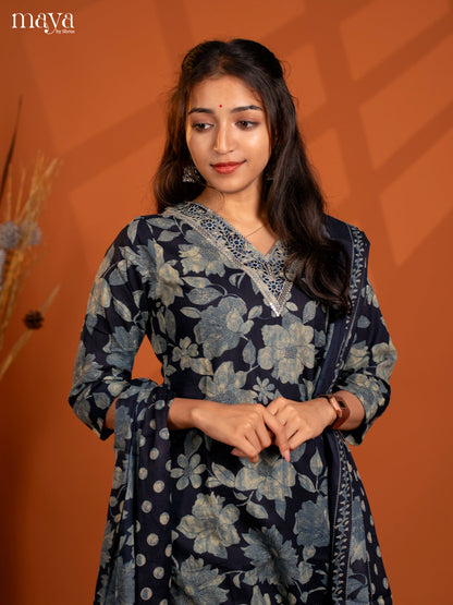 Navy Blue Cotton 3Pc Salwar Suit with Floral Print - Top, Bottom & Dupatta