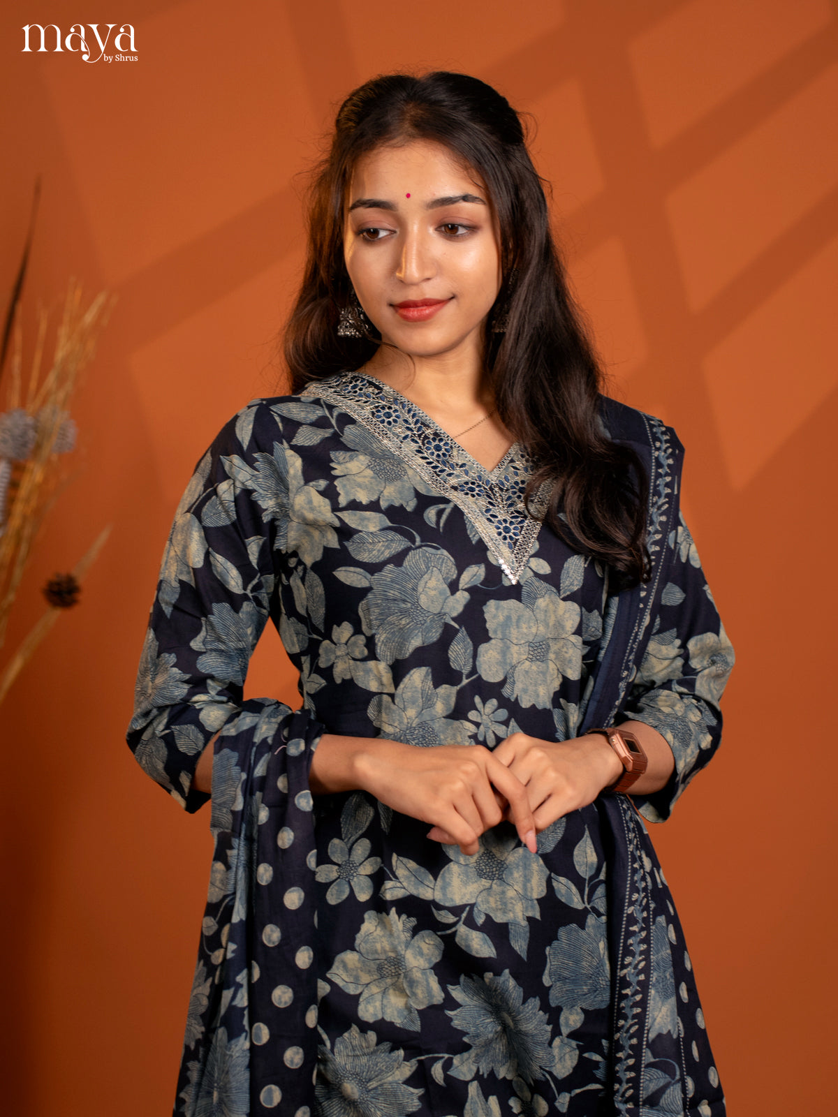 Navy Blue Cotton 3Pc Salwar Suit with Floral Print - Top, Bottom & Dupatta