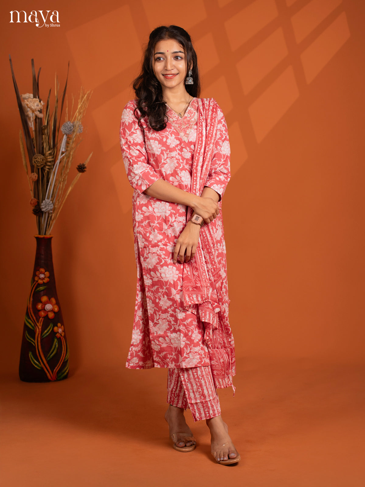 Peach Cotton 3Pc Salwar Suit with Floral Print - Top, Bottom & Dupatta