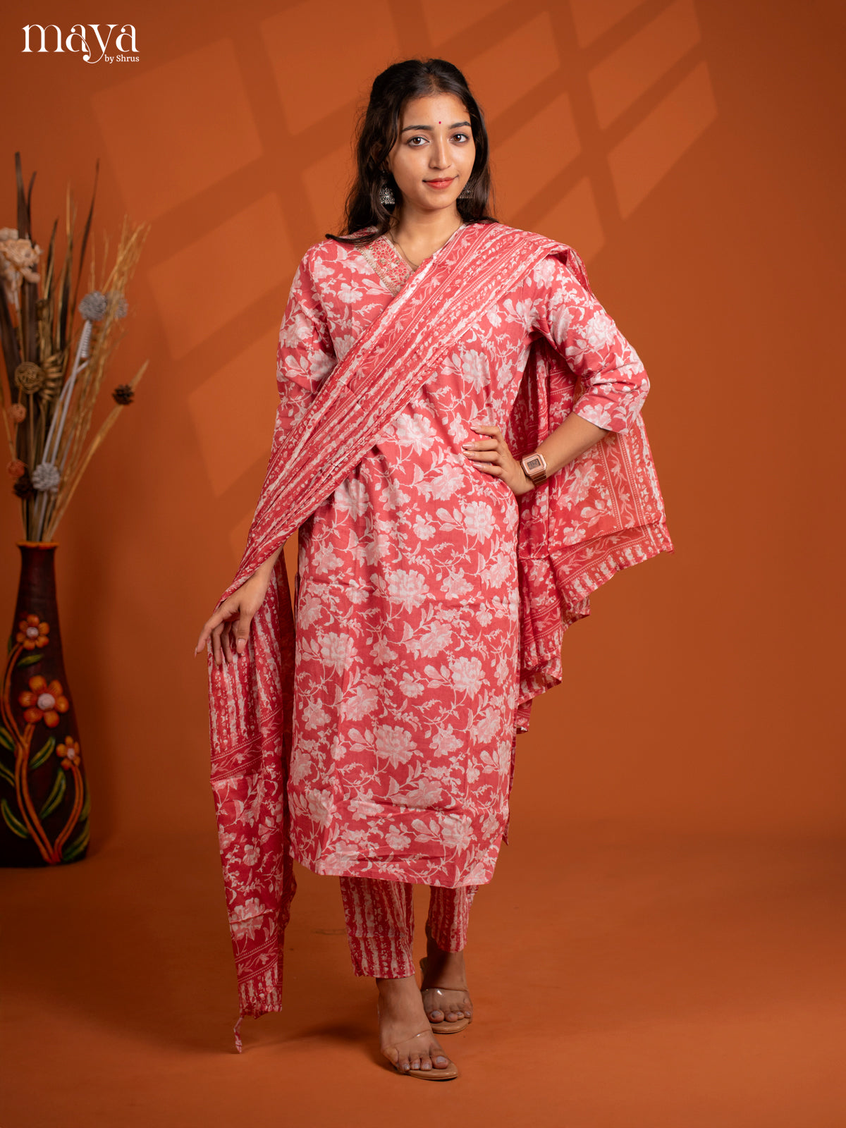 Peach Cotton 3Pc Salwar Suit with Floral Print - Top, Bottom & Dupatta