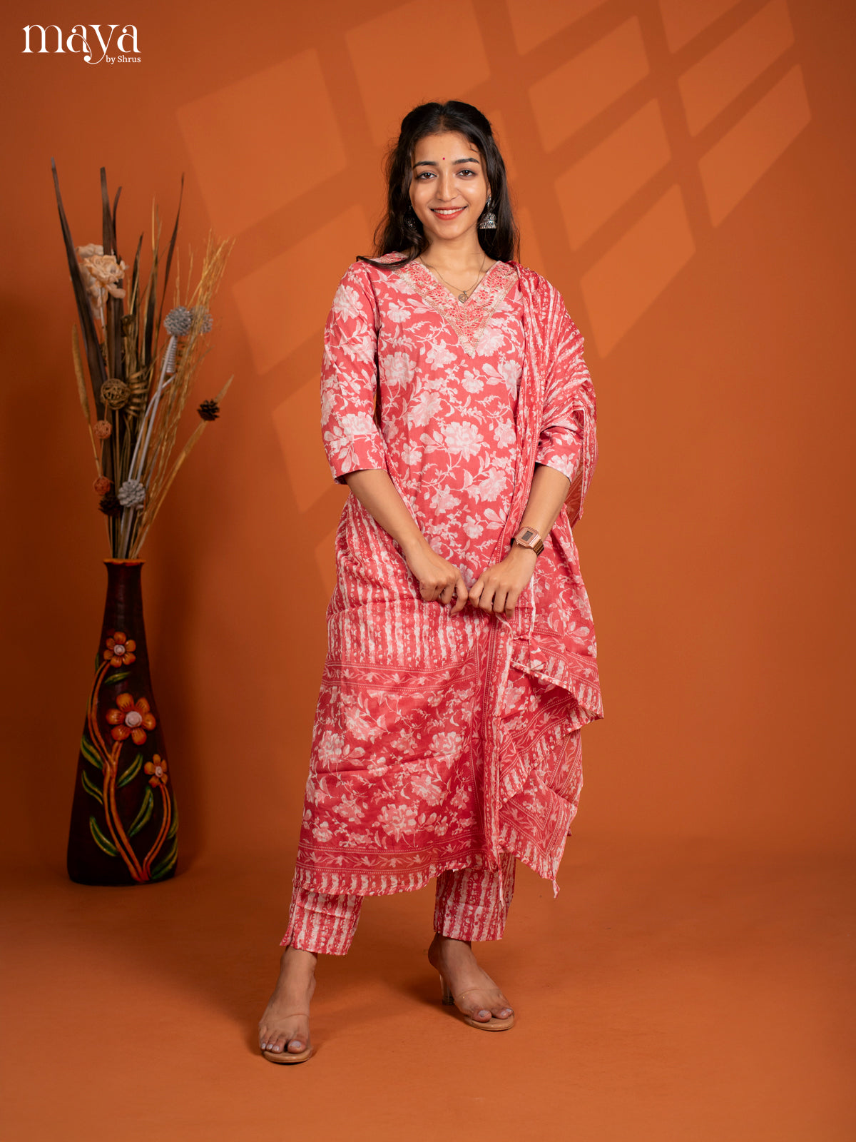 Peach Cotton 3Pc Salwar Suit with Floral Print - Top, Bottom & Dupatta