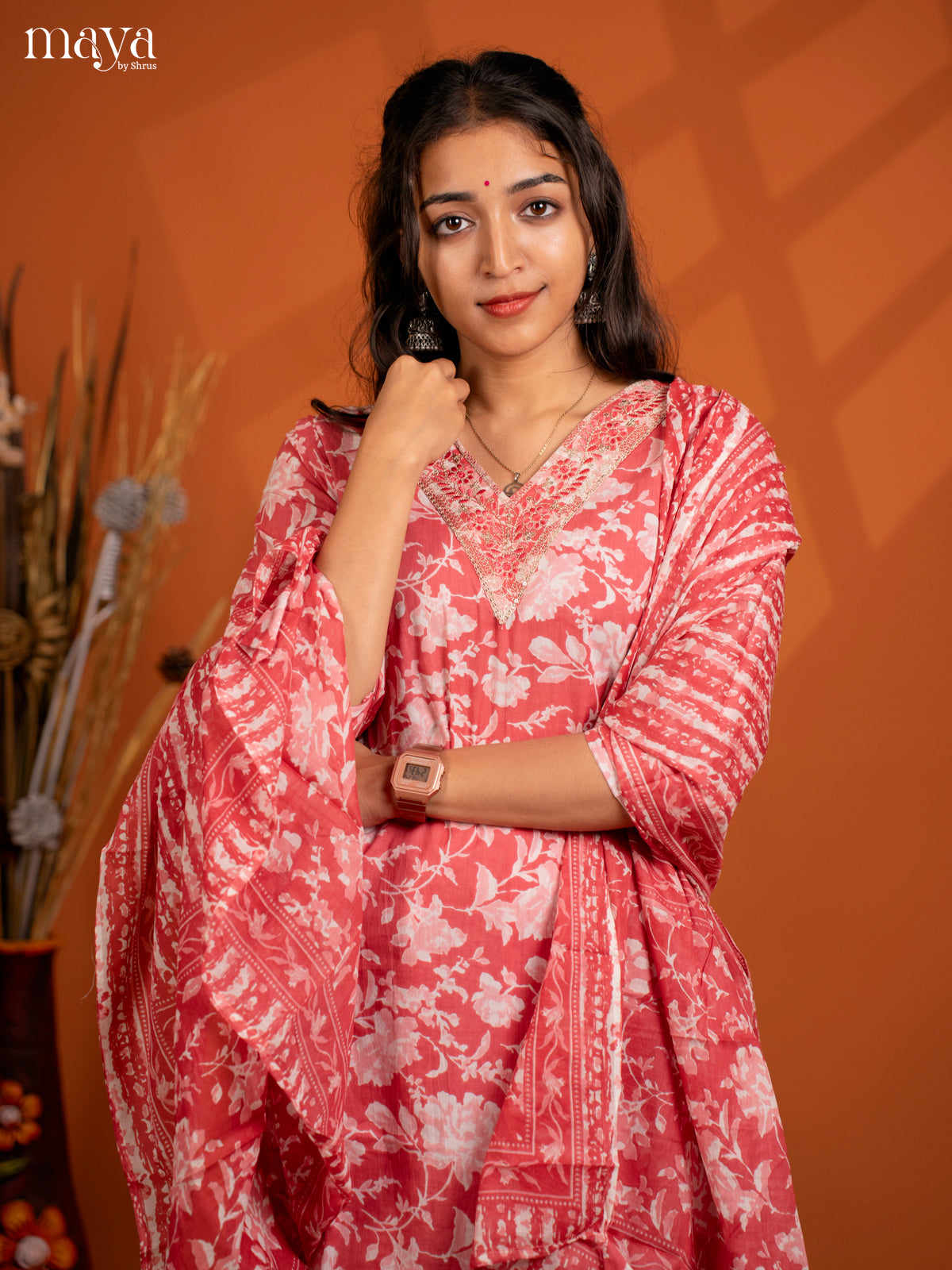 Peach Cotton 3Pc Salwar Suit with Floral Print - Top, Bottom & Dupatta