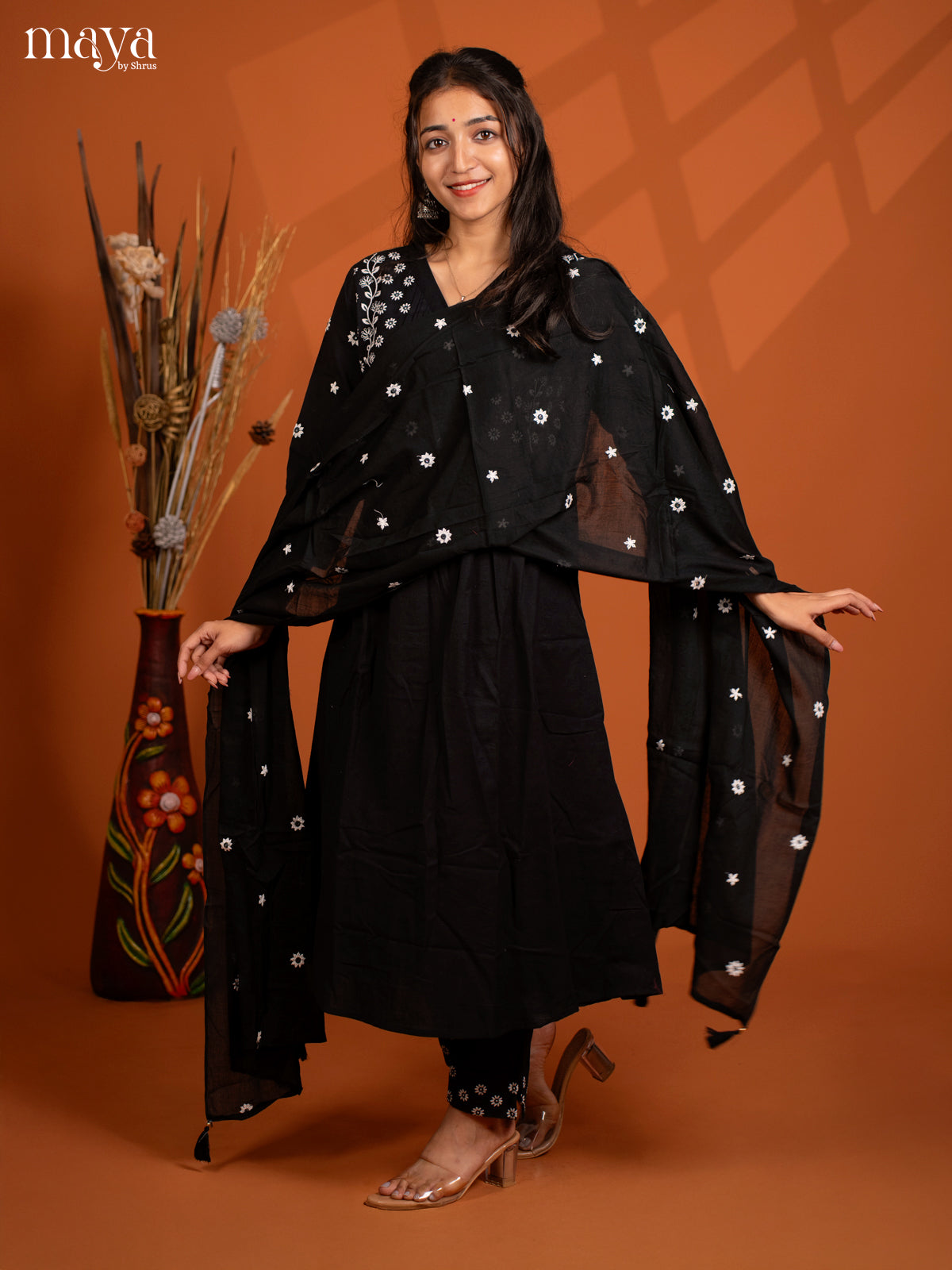 Black Cotton 3Pc solid Salwar Suit - Top, Bottom & Dupatta
