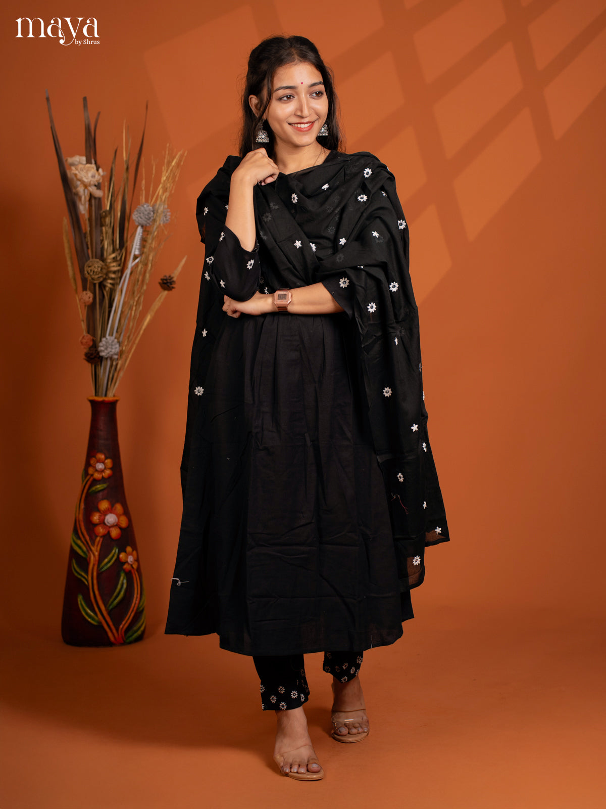Black Cotton 3Pc solid Salwar Suit - Top, Bottom & Dupatta
